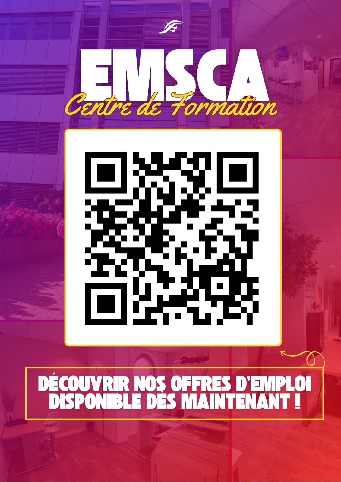 Affiche EMSCA : scanne le QR code pour découvrir nos offres d’alternance